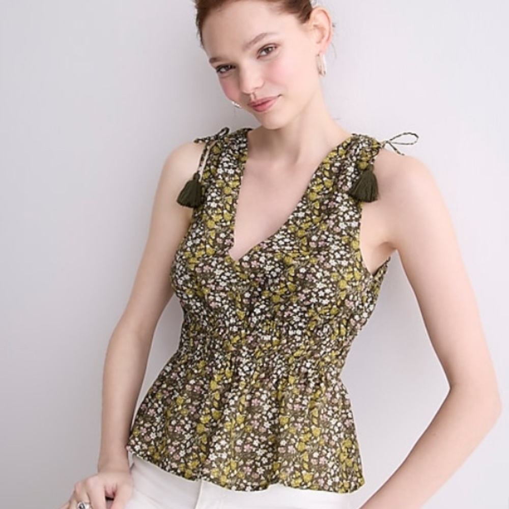J. Crew Olive Floral Sleeveless Blouse